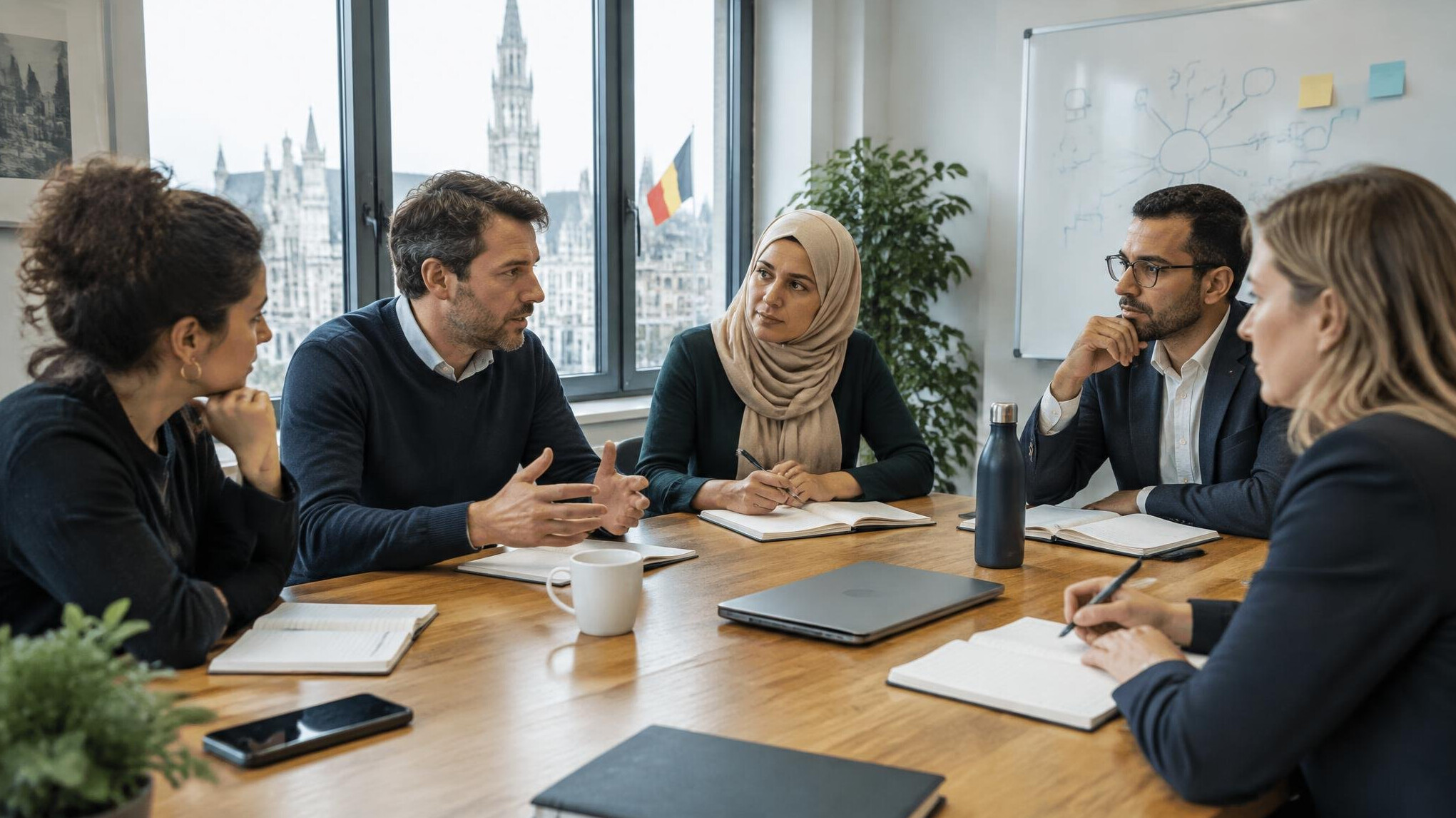 Diverse team gathered around a table during a focused work session